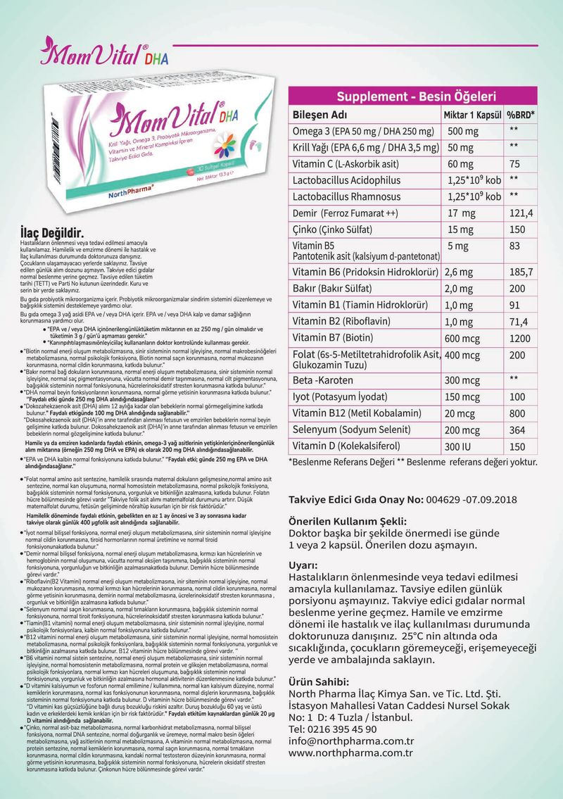 MomVital DHA ürün bilgi föyü