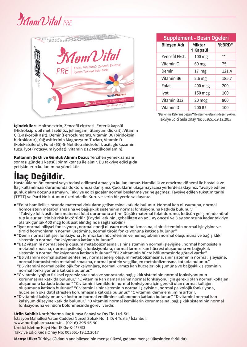MomVital PRE ürün bilgi föyü